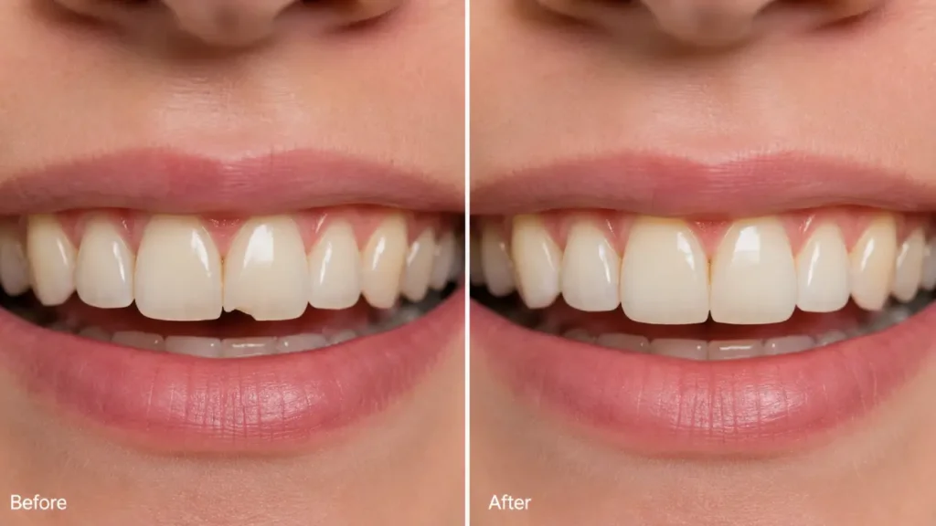Before and after composite dental bonding for chipped front tooth