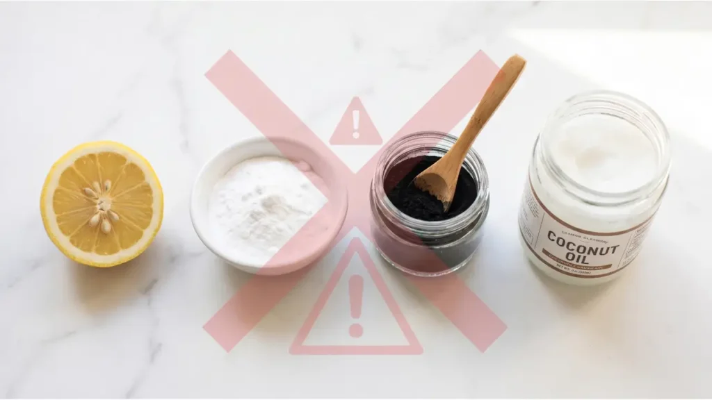 Common DIY teeth whitening ingredients including lemon, baking soda, and charcoal that dentists recommend avoiding