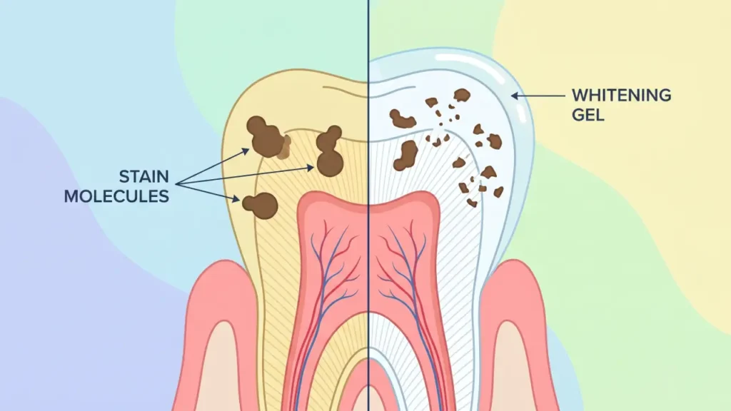 Diagram showing how hydrogen peroxide breaks down stain molecules inside tooth enamel during whitening