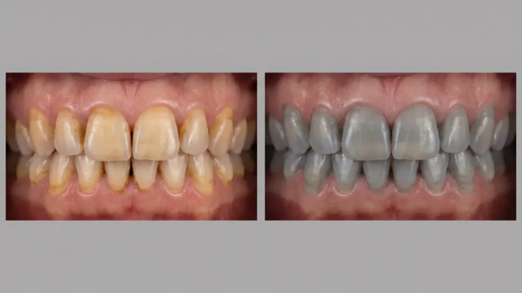 Side-by-side comparison of yellow extrinsic tooth staining versus gray intrinsic tooth discoloration