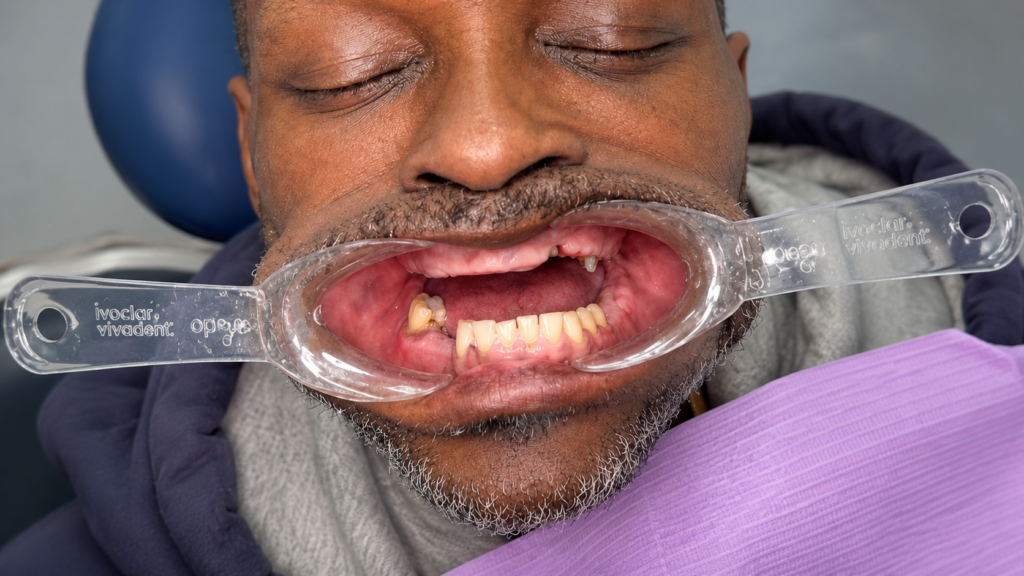 Patient smile before full-arch dental implant restoration